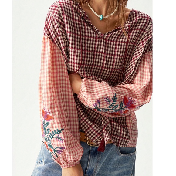 Boho Floral Embroidered Plaid Print Neck Tie Loose Fit Blouse - Picture 6 of 8